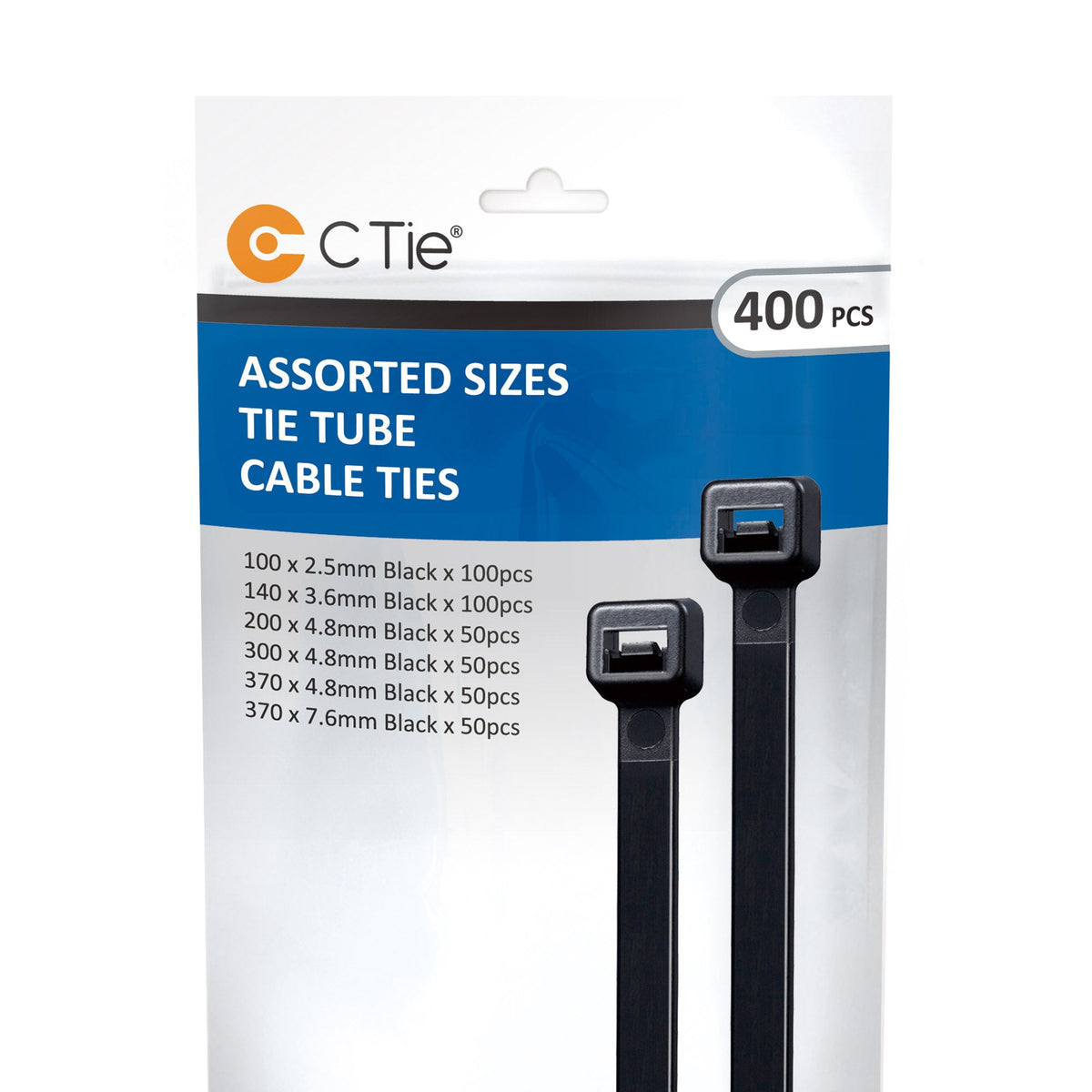 Assorted Cable Ties - Black - Various Sizes - 400pcs
